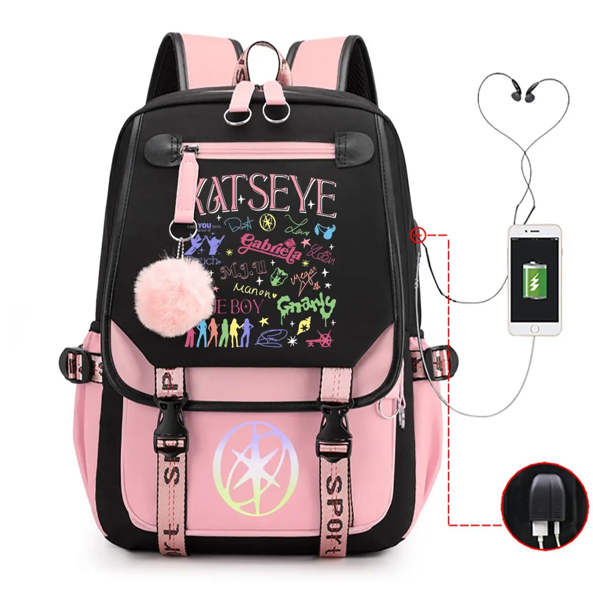 Katseye Print Color Block Backpack with External USB Port Rucksack Mochilas Large Capacity School Bag for Girls Back To School
