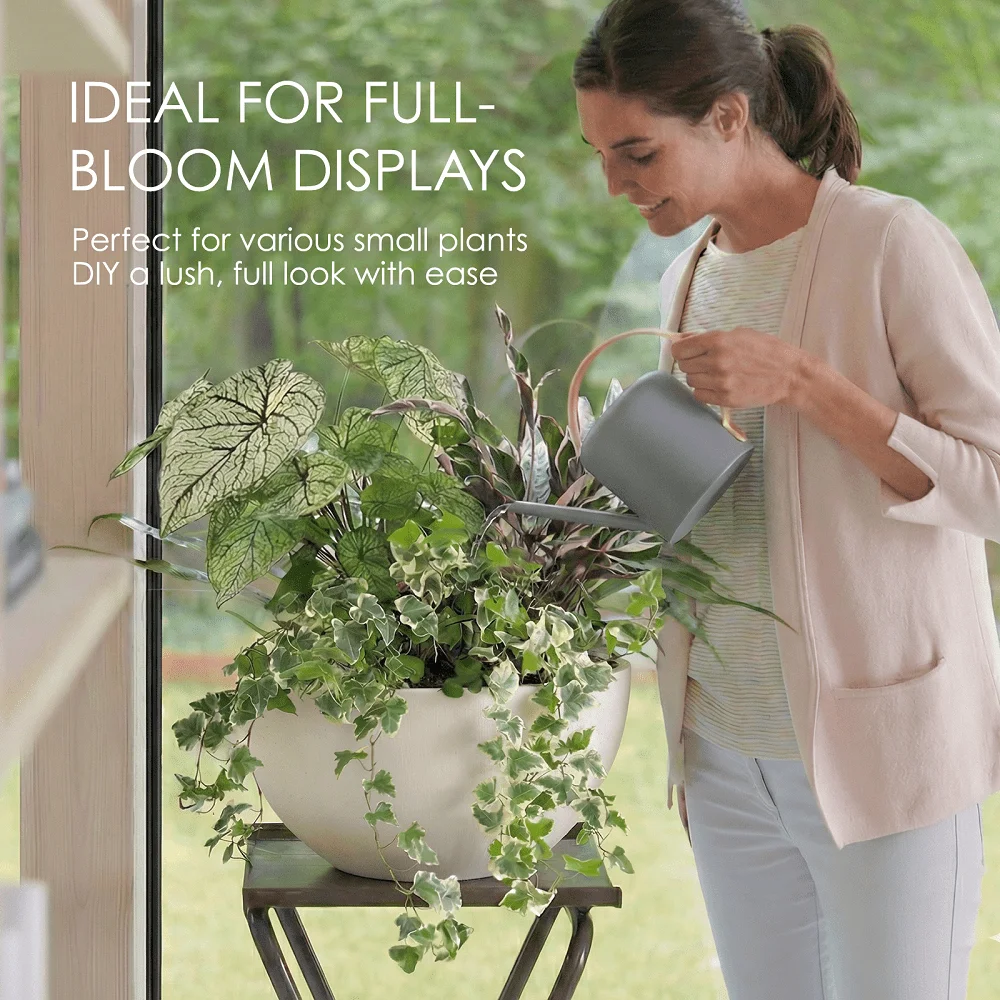 

Composite ial Low Bowl Planter, No Drainage Holes, Plastic With Faux Stone And Wood Grain Texture, White, Indoor And Outdo