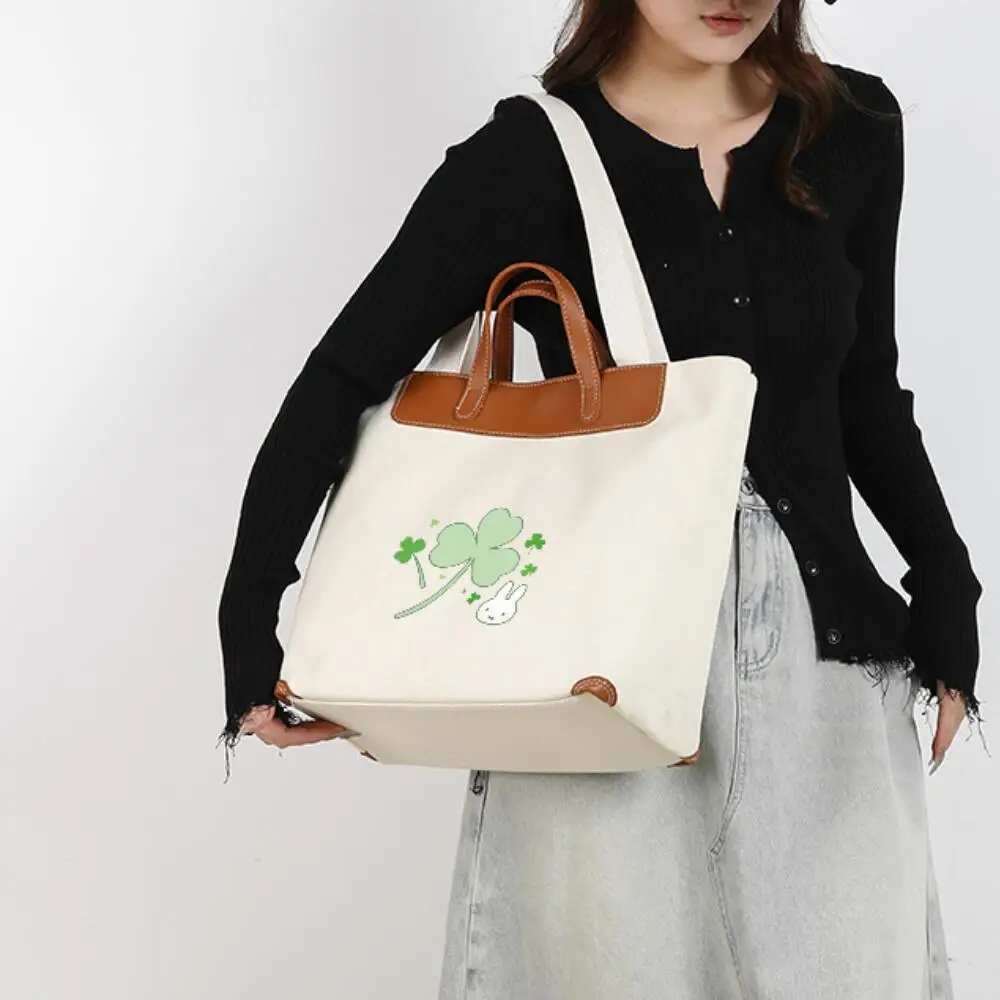 

Miffy Rabbit Cute High End Tote Canvas Bag Shoulder Bag with Leather Casual and Versatile Large Capacity for Commuting