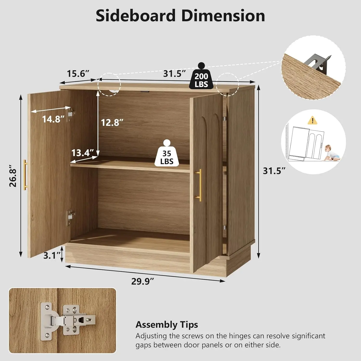 Buffet Cabinet with Storage, 2 Door Sideboard Credenza with Arch Design and Adjustable Shelves, 31.5