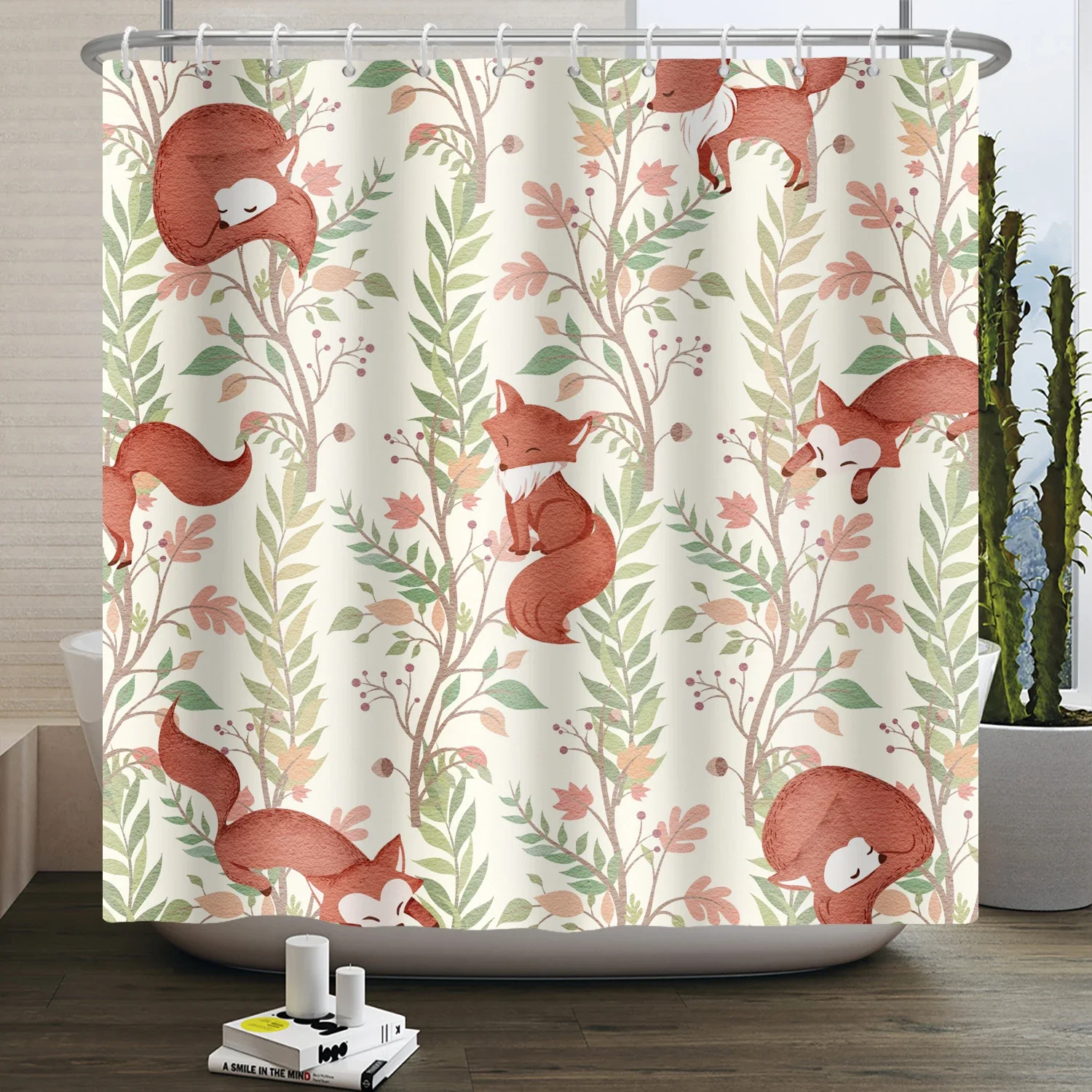 Forest Animals Shower Curtain jungle Trees Plant Wildlife Bird Bear Elk Fox Deer Modern Minimalist Kids Bathroom Shower Curtain