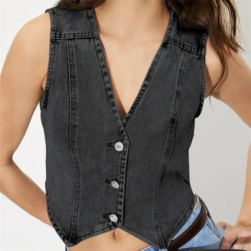 GuliriFei Women Denim Vest Sleeveless V Neck Buttons Up Mini Vest Solid Outwear Gilet for Slim Fit Casual Tank Streetwear 2025