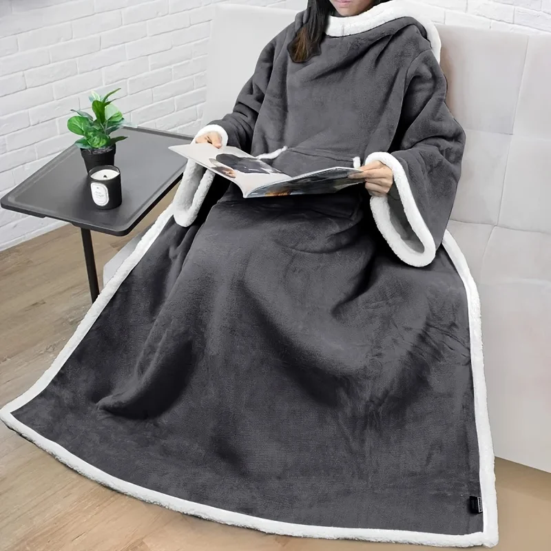 Reversible Flannel TV Blanket Soft Warm Cozy Throw Front Pocket Plush Fabric Blanket Winter Warm Shawl for Bed Sofa Home Textile