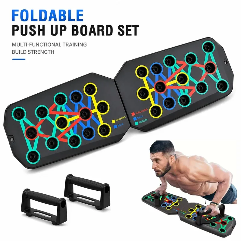 Conjunto de prancha portátil dobrável para flexões com alças, equipamento de fitness doméstico para treinamento de força muscular no peito, abdômen, braços e costas.