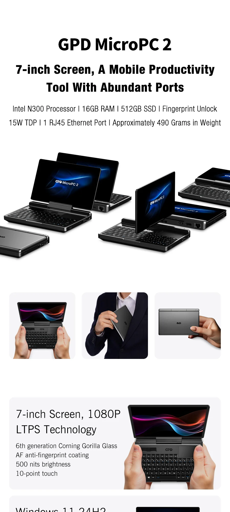 New 7-inch Screen Mini Laptop GPD MicroPC 2 Intel® Core™ I3-N250 16GB/512GB Portable Laptop Computer Notebook Windows 11