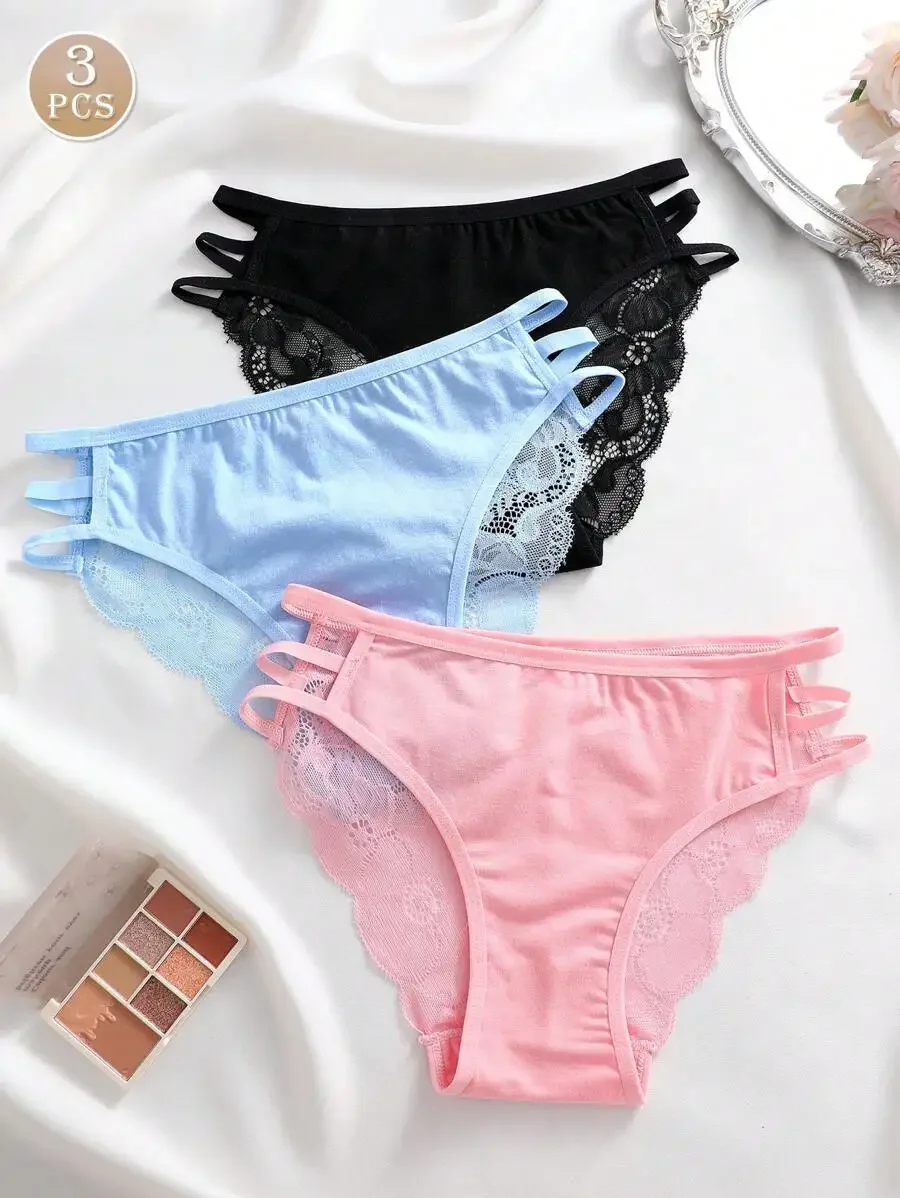 

3pcs Breathable Lace Panel Womens Hipster Panties