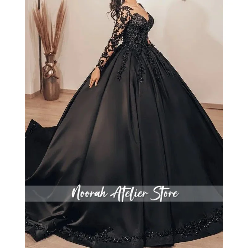 Vestido de novia gótico negro, vestidos de novia con Apliques de encaje, mangas largas con cuentas, vestido de novia de satén transparente con cuello en V, corsé trasero Vintage Pl