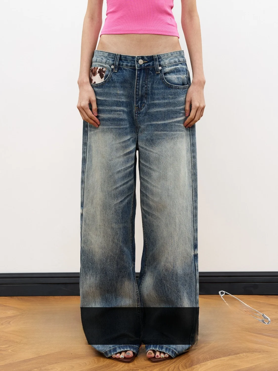 American Style Loose Straight Leg Jeans with Leopard Print Patchwork And  Washed Denim Pants for Young Women
