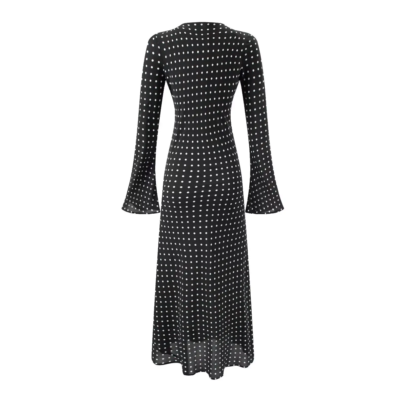 Langes Damenkleid mit ausgestellten Ärmeln, elegantes, florales, gepunktetes, dreifarbiges, schmales Kleid