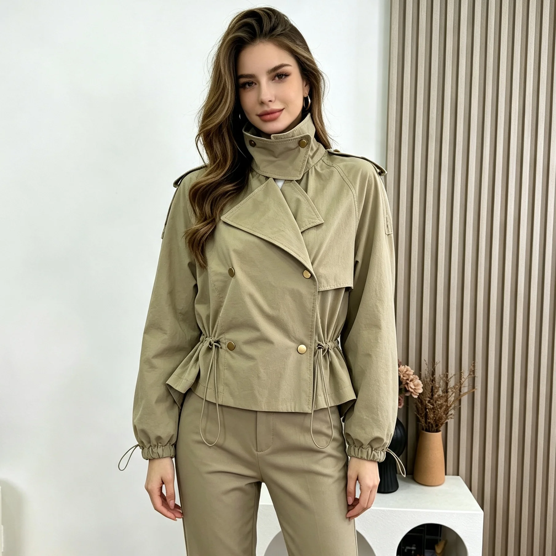 RU Women Cropped Trench Coat High Neck Drawstring Waist Cuffed Long Sleeve Epaulet Casual Windbreaker Outerwear