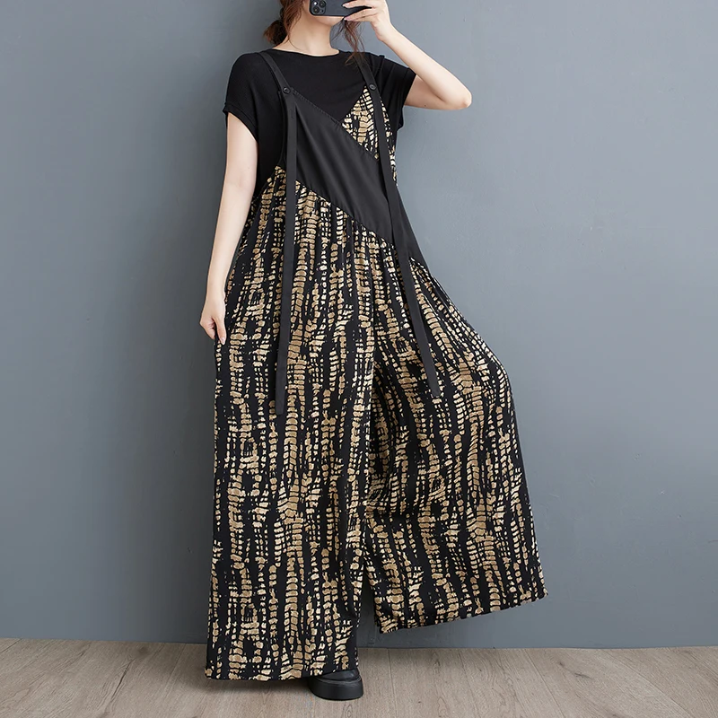 Adjustable Straps Fashion Print Patchwork Wide Leg Pants High Waist Long Pants Women's Casual Trousers Summer 2024 Style