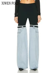 XIWEN Design Sense Splicing Jeans Spring 2024 New High Waist Straight Wide Leg Fashion Personality Chic Pants Female TH1098