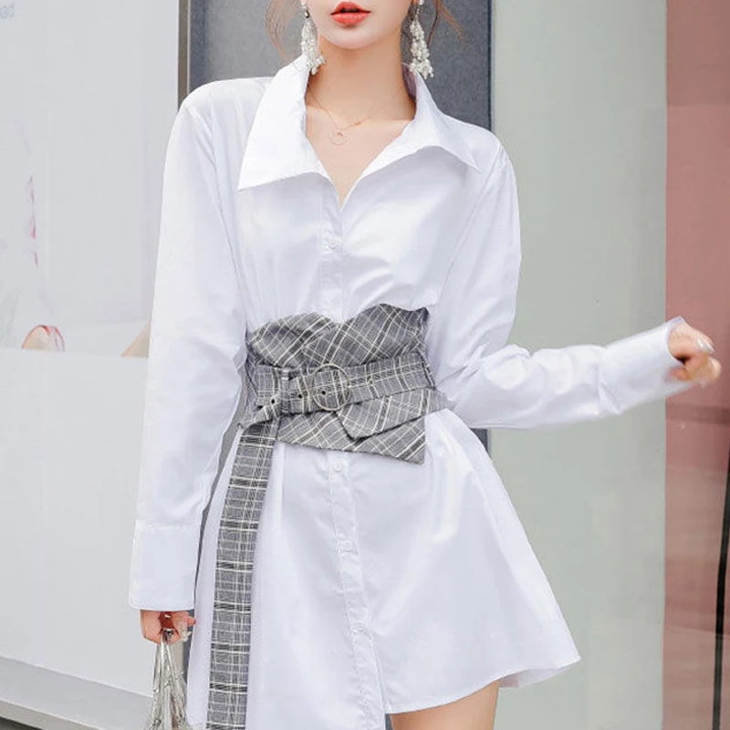 Women\'s Fashion Vintage Plaid Belt Asymmetrical Design Elegant Mini Dress Autumn Office Lady Long Sleeve Slim Chic Shirt Dresses