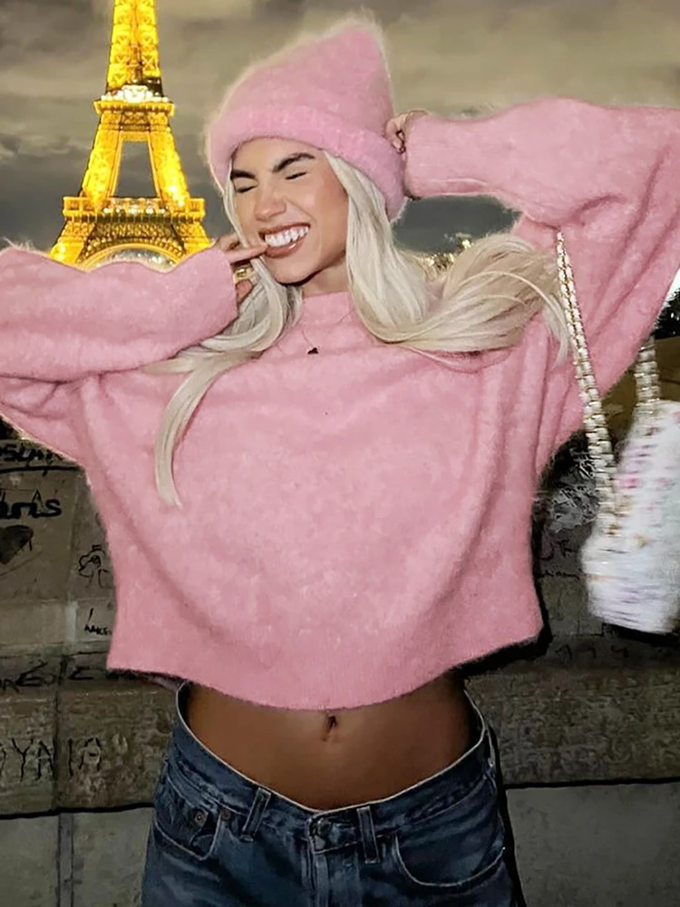 Fantoye Knitted Round Neck Pullover Women Sweater Pink Long Sleeve Solid Casual Sweater Female Winter New Warm Loose Streetwear