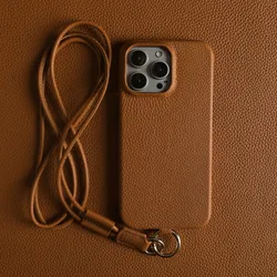 Luxury Cowhide Genuine Leather Case For iPhone 16 Pro Max 15Pro 11 13 12pro 14Pro 14 Strap Crossbody Lanyard Phone Cover Coque