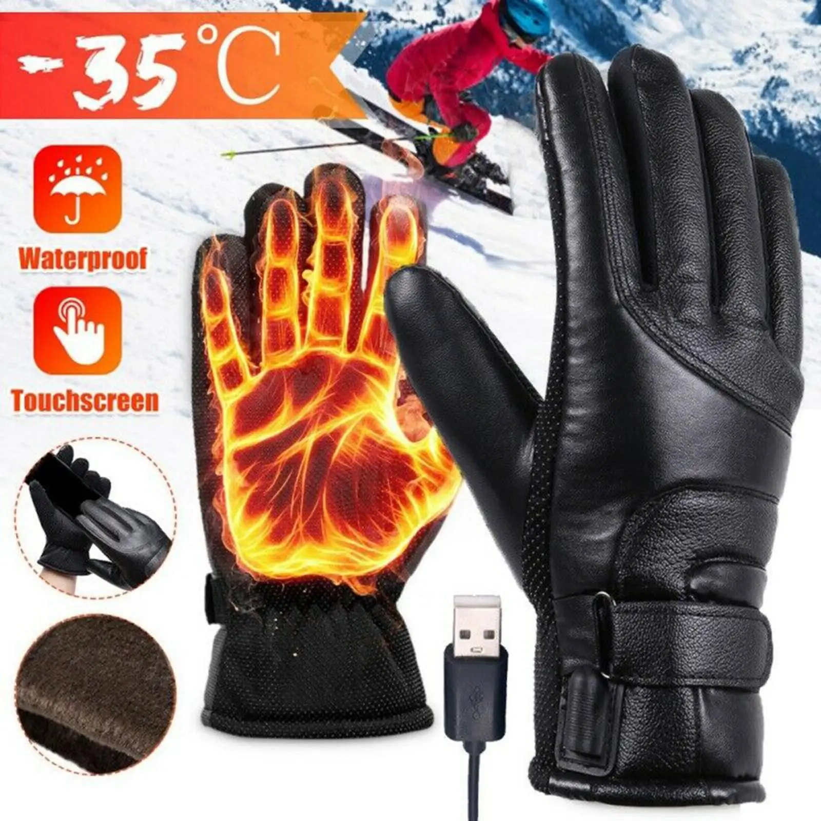 Rechargeable Electric Heated Gloves Winter Waterproof Ski Gloves for Men Women USB Thermal Touch Screen Motorcycle Cycling Warm