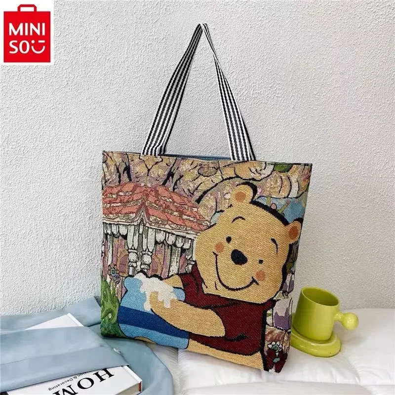 MINISO Disney Winnie Bear Stitch Cartoon Embroidered Canvas Fashion Shopping Bag One Shoulder Women\'s Large Capacity Handbag