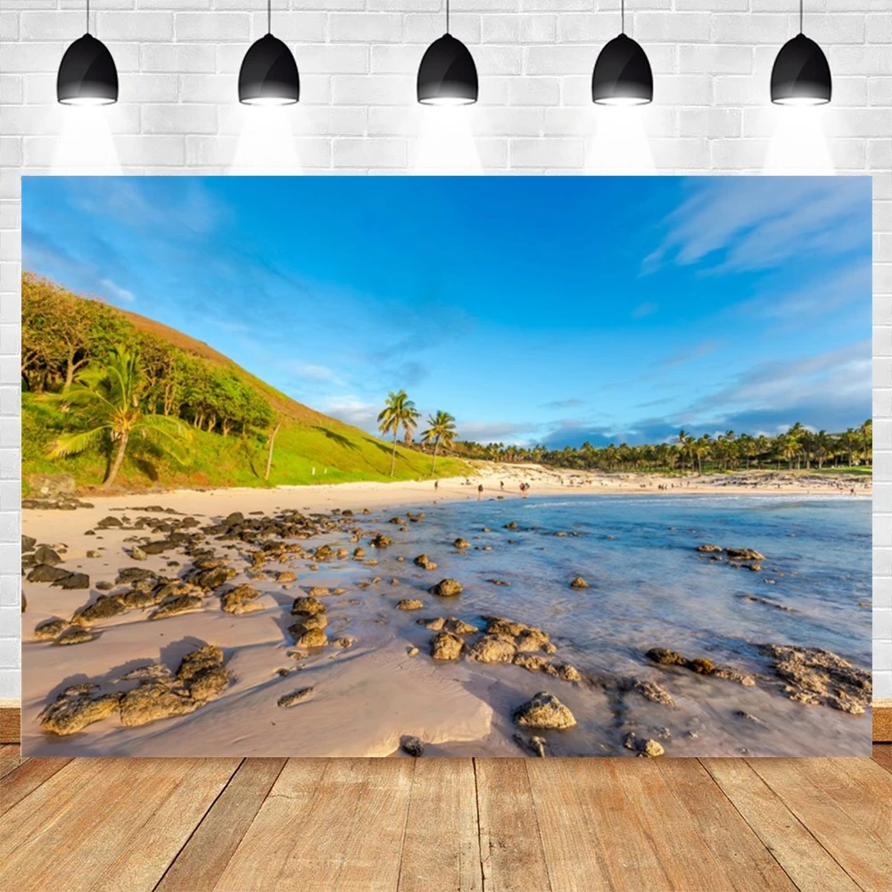 Easter Island Photography Backgrounds Moai Statue Grassland Scenery History Travel Celebration Portrait Shoot Decor Backdrops