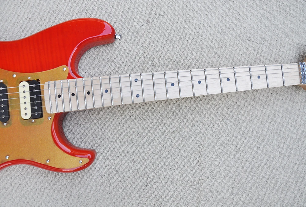 6 Strings Red Electric Guitar with Reverse Headstock,Flame Maple Veneer.Maple Fretboard