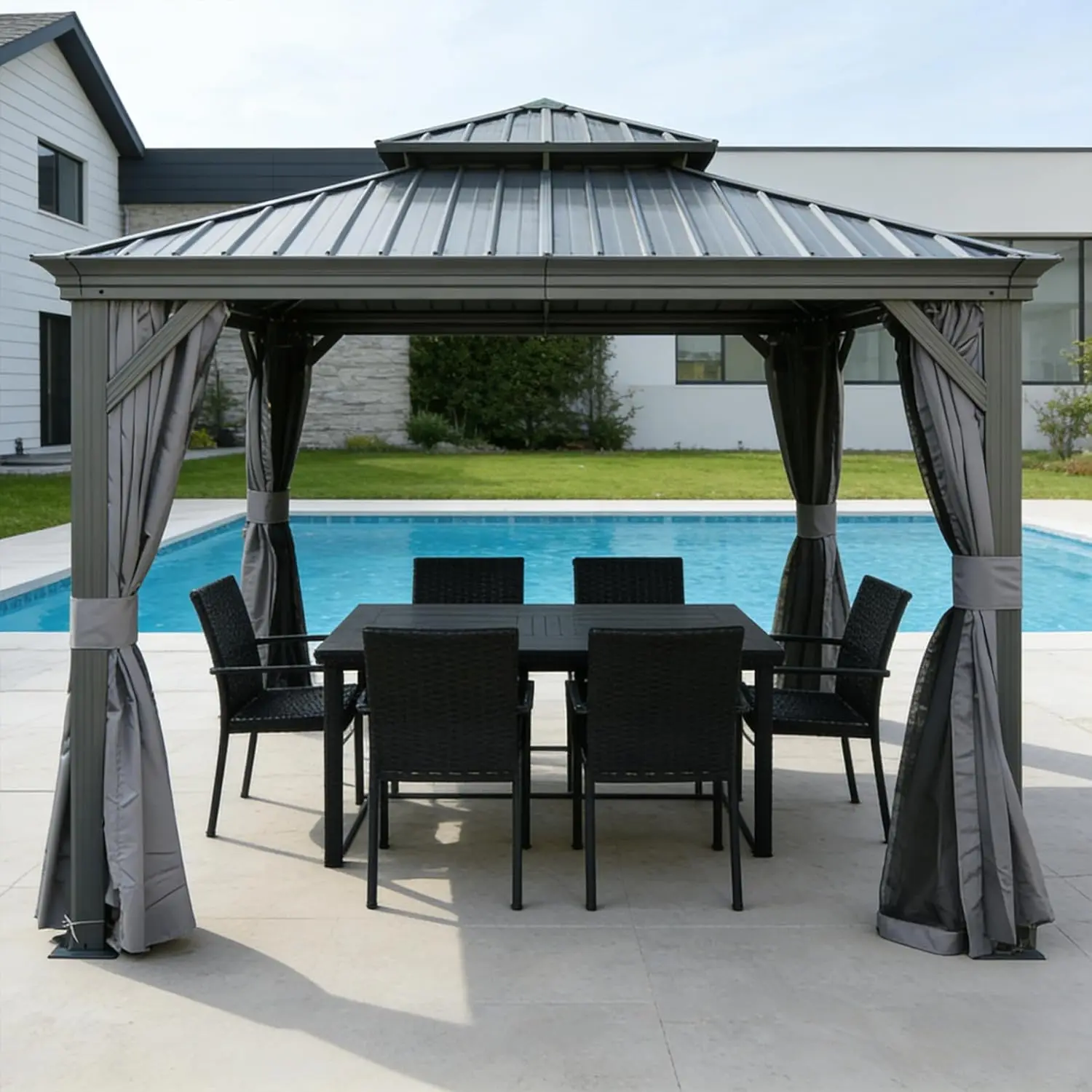 

！@13x13FT Outdoor Metal Gazebo, Hardtop Gazebo with Galvanized Steel Double Roof and Drainage, Curtains & Netting, Grey