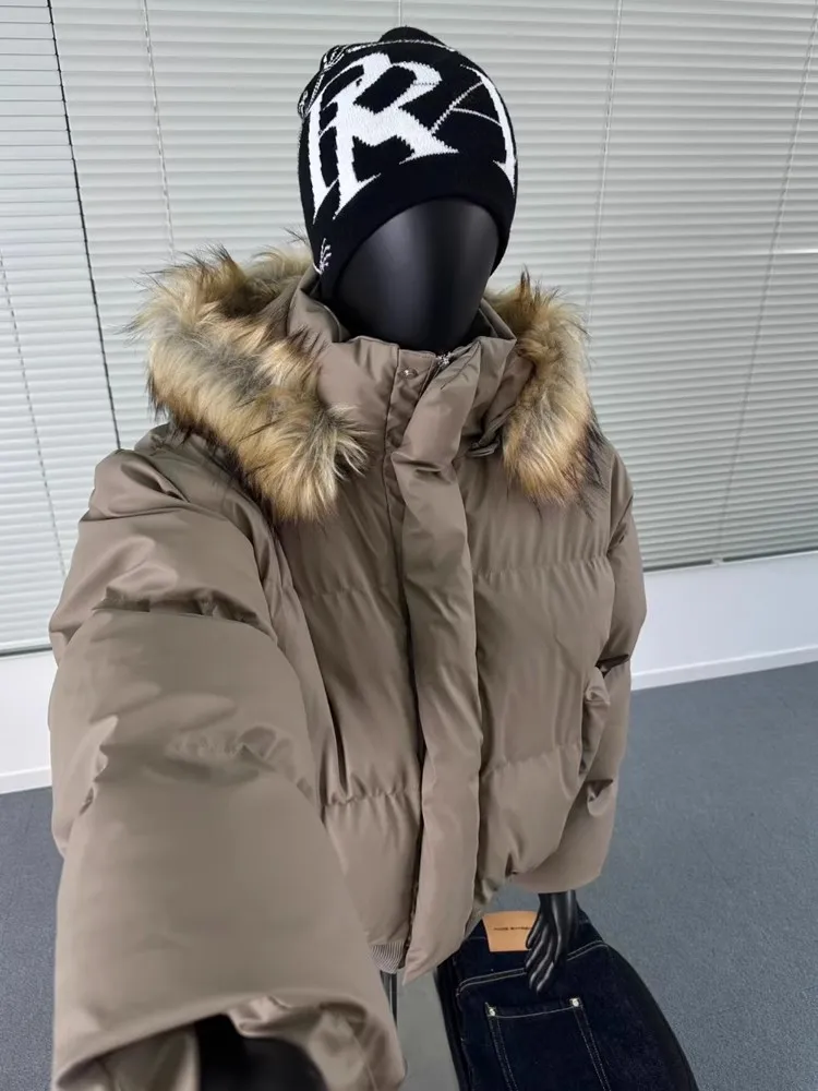 Uncledonjm Faux Fur Collar Thickened Puffer Jacket Y2k Coats Men High Street Hooded Parkas