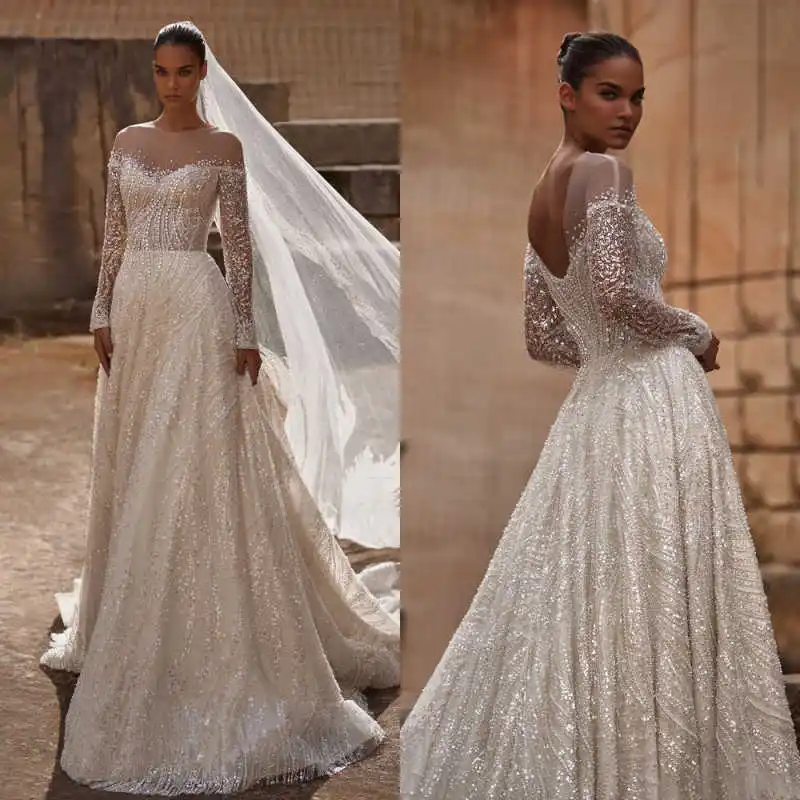

Sparkling A-Line Wedding Dress Applique Full Sleeve Lace Sequined Bridal Gowns Big Size Sweep Train Vestidos De Novia Customized