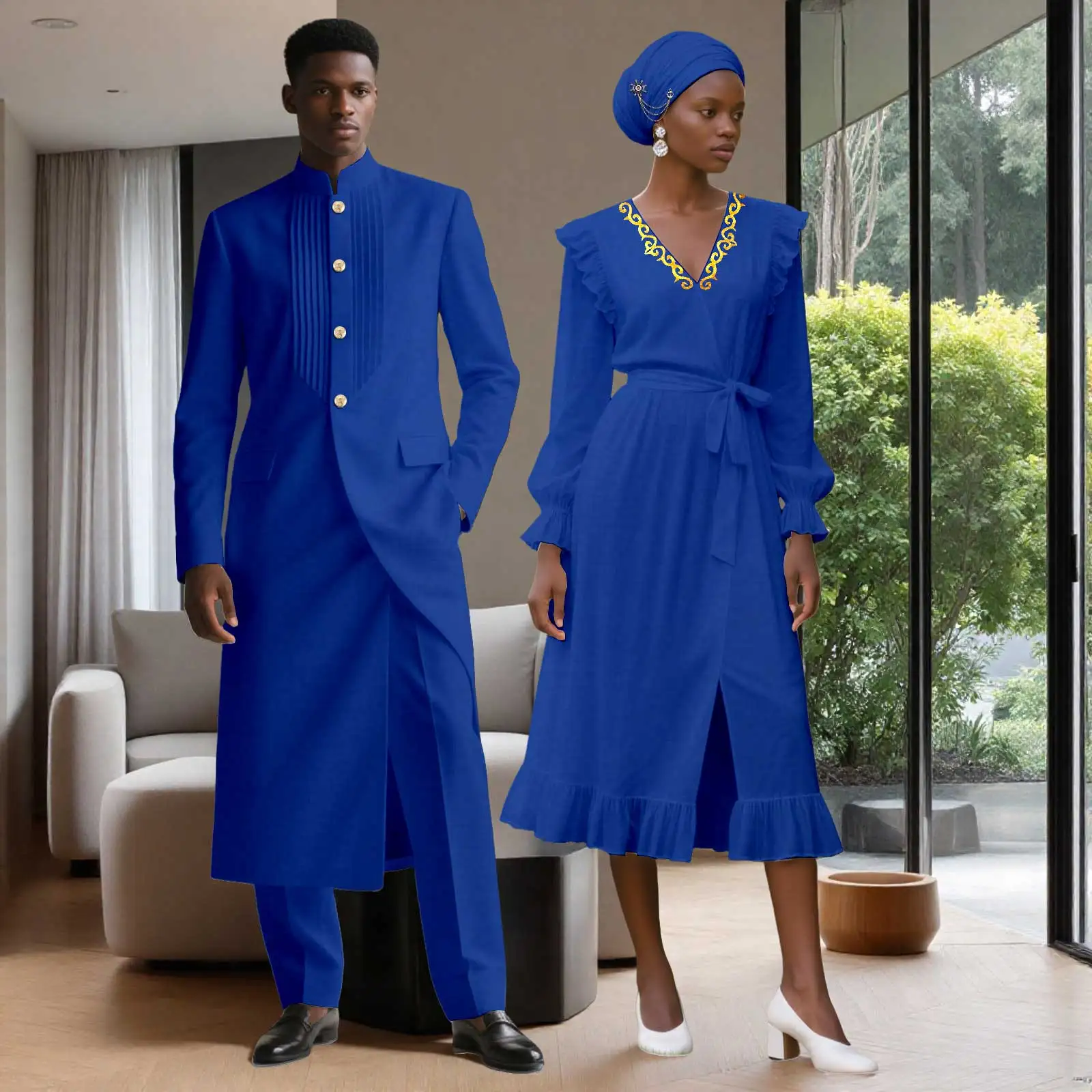 

DBQ африканская пара, одинаковая одежда, однотонный мужской пиджак длиной до колена, брючный костюм и женское повседневное платье с расклешенным принтом BDC056