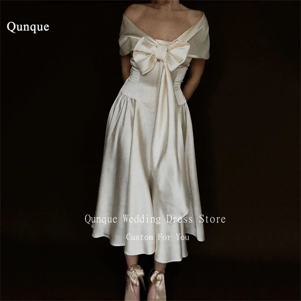 

Qunque Fashion Satin Wedding Dresses A Line Bow Vestidos De Novia Tea Length Off The Shoulder Elegant Robe De Mariée Customized