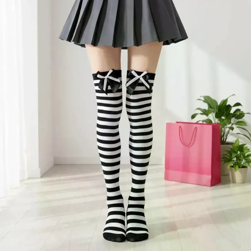 1Pairs Striped Over Knee High Socks With Cute Double Bow Decor Soft Elastic Fabric For Cosplay Halloween Party Daily Casual Wear