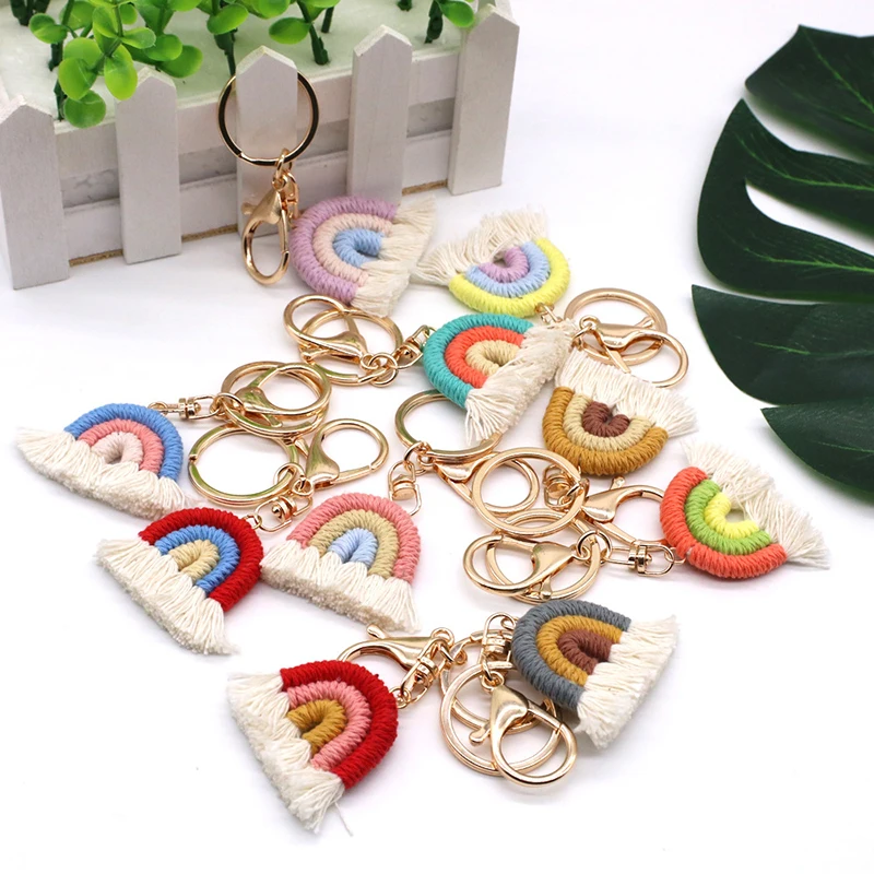 Lovely Hand Knitted Rainbow Tassels Keychain For Women Girl Cute Flower Key Ring Pendants Handbag Decor DIY Key Chain Gifts