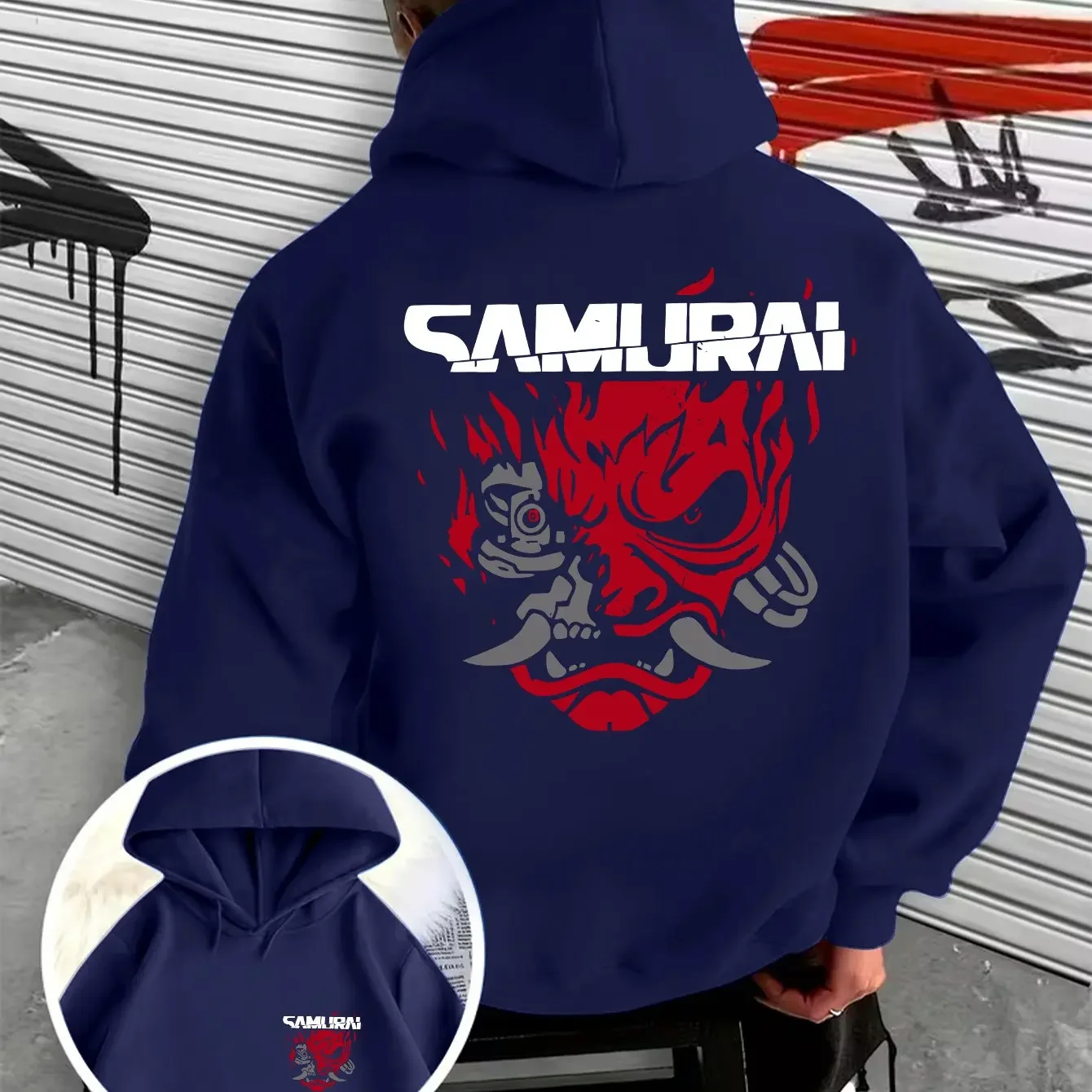 Coole Cyberpunk-Krieger-Dämonenmaske-Aufdruck Herren-Kapuzenpullover für Herbst/Winter, Alltag, Outdoor-Sport, Locker Geschnitten, Fitness – Detail 3