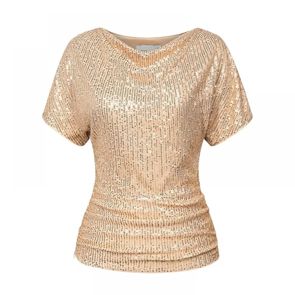 2024 Women's Sparkly Sequin Top Glitter Short Tulip Sleeve Slimming Blouses Dressy V Neck Party Club Shirts