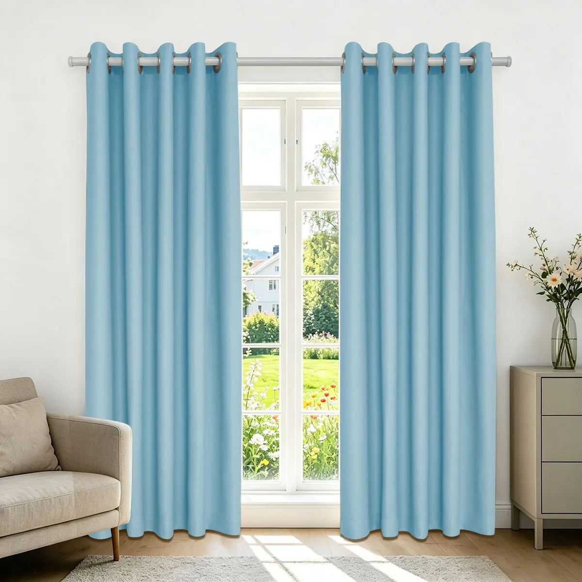Sky Blue High‑Density Blackout Curtains, Grommet Top Light Blocking Window Drapes for Bedroom Living Room, 2 Panels