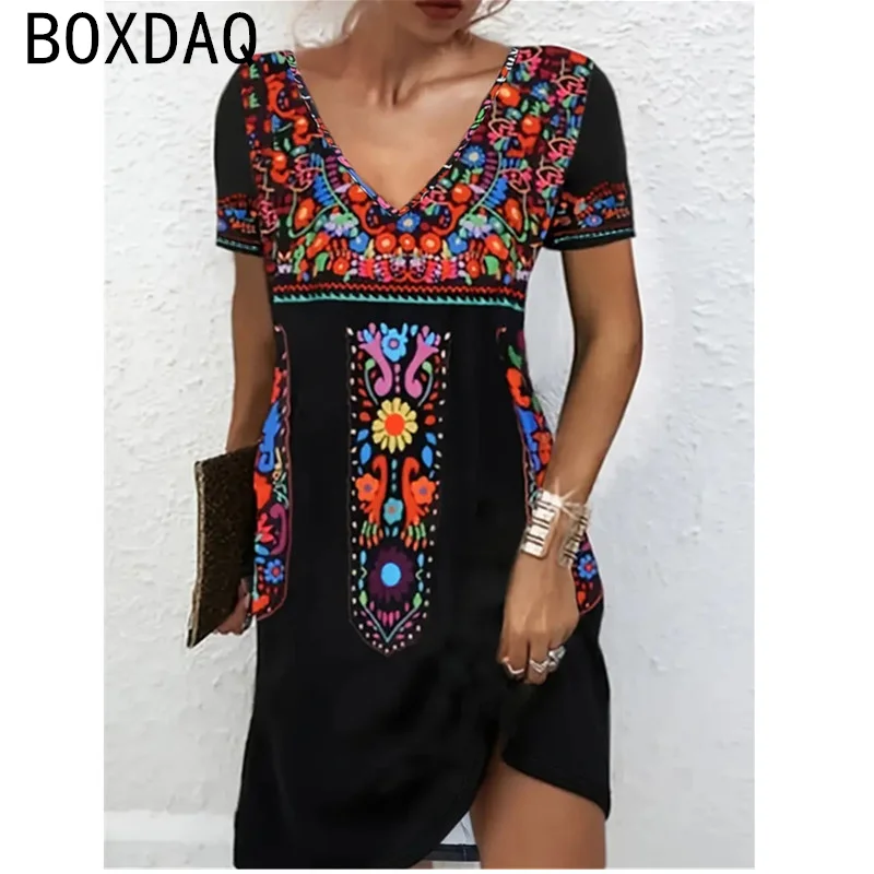 Vestido estampado de manga corta con cuello en V para mujer, vestido personalizado de calle a la moda para mujer, vestido acampanado holgado informal Floral Vintage 3D