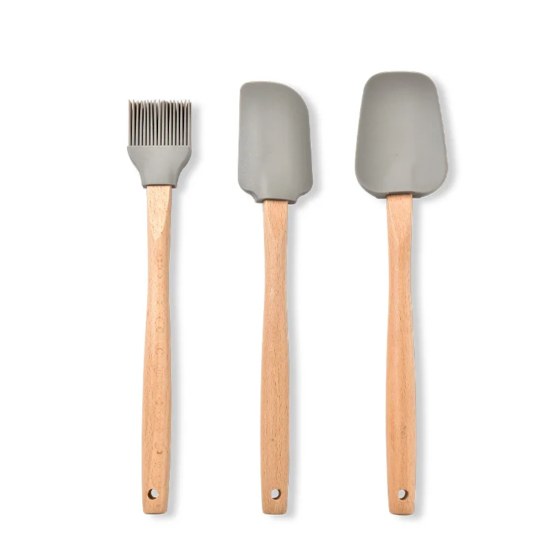 

3pcs Silicone Wooden handle Turner Soup Spoon Spatula Brush Scraper Pasta Egg Beater Non-stick pan Kitchenware