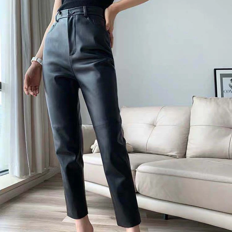 Genuine Stretch Leather Pants for Women Autumn Winter Maillard Color Soft Sheepskin Slim Casual Pencil Pants Cropped Trousers