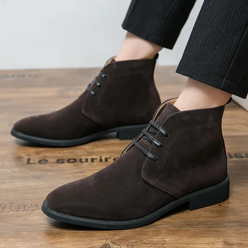 British Style Elegant Brown Chelsea Boots Men Lace-up Pointed Dress Boots For Man Comfortable Suede Men\'s High Top Leather Shoes