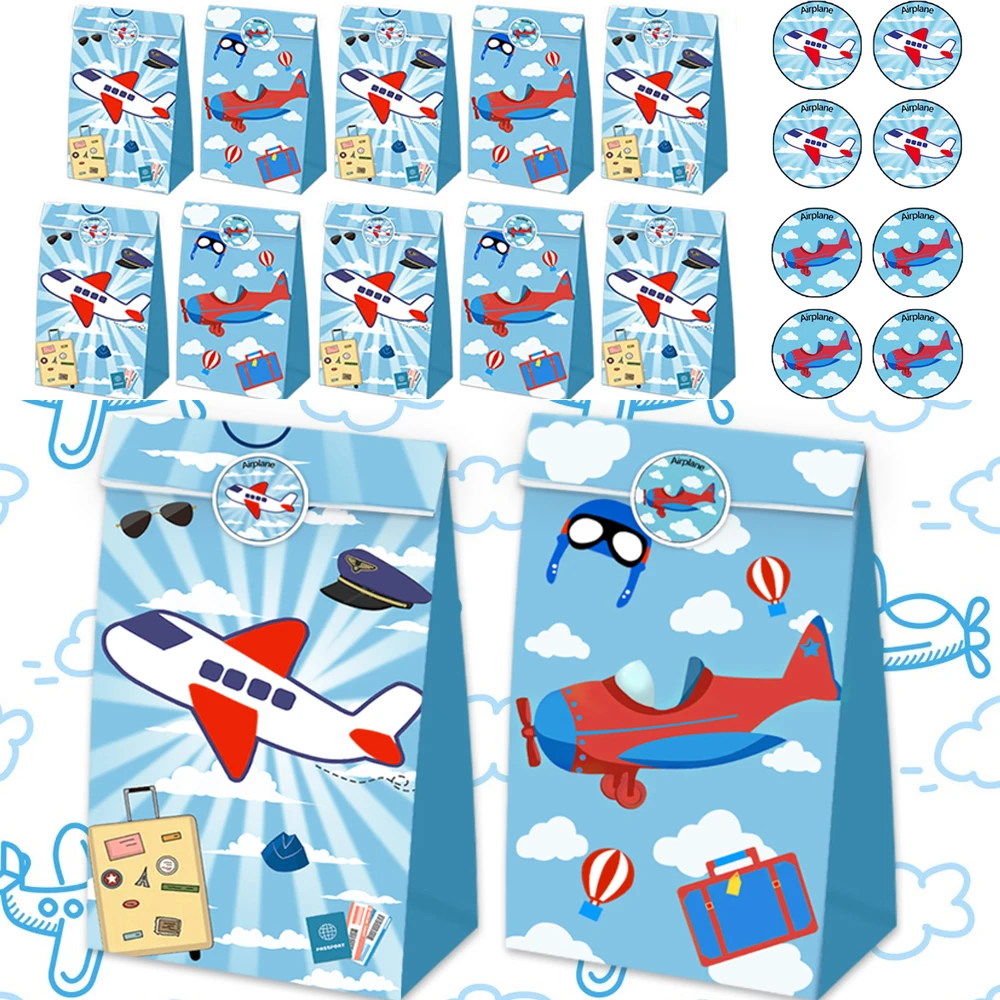 12/24Pcs Torby na prezenty na przyjęcie samolotowe Torby papierowe z naklejkami dla dzieci Chłopiec Lot Aviator Dekoracja urodzinowa