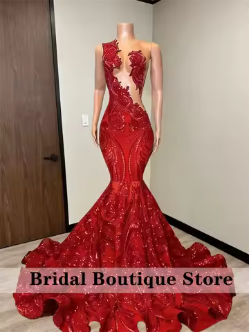 Sparkly Red Diamonds Mermaid Prom Dress Sequins Gown Bead Crystal Rhinestones Wedding Birthday Evening Party Dress Customized