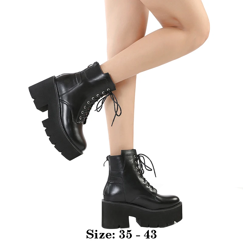 

High quality short ankle leather boots for women 8.5cm high heel platform new 2025 autumn winter 35 43 fashion shoe black