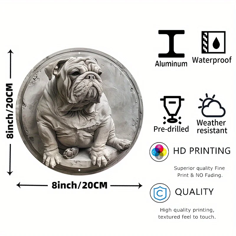 English Bulldog Statue Aluminum Metal Sign, Round, Waterproof Wall Decor, Predrilled Holes, Weather Resistant, Door Hanger Decor