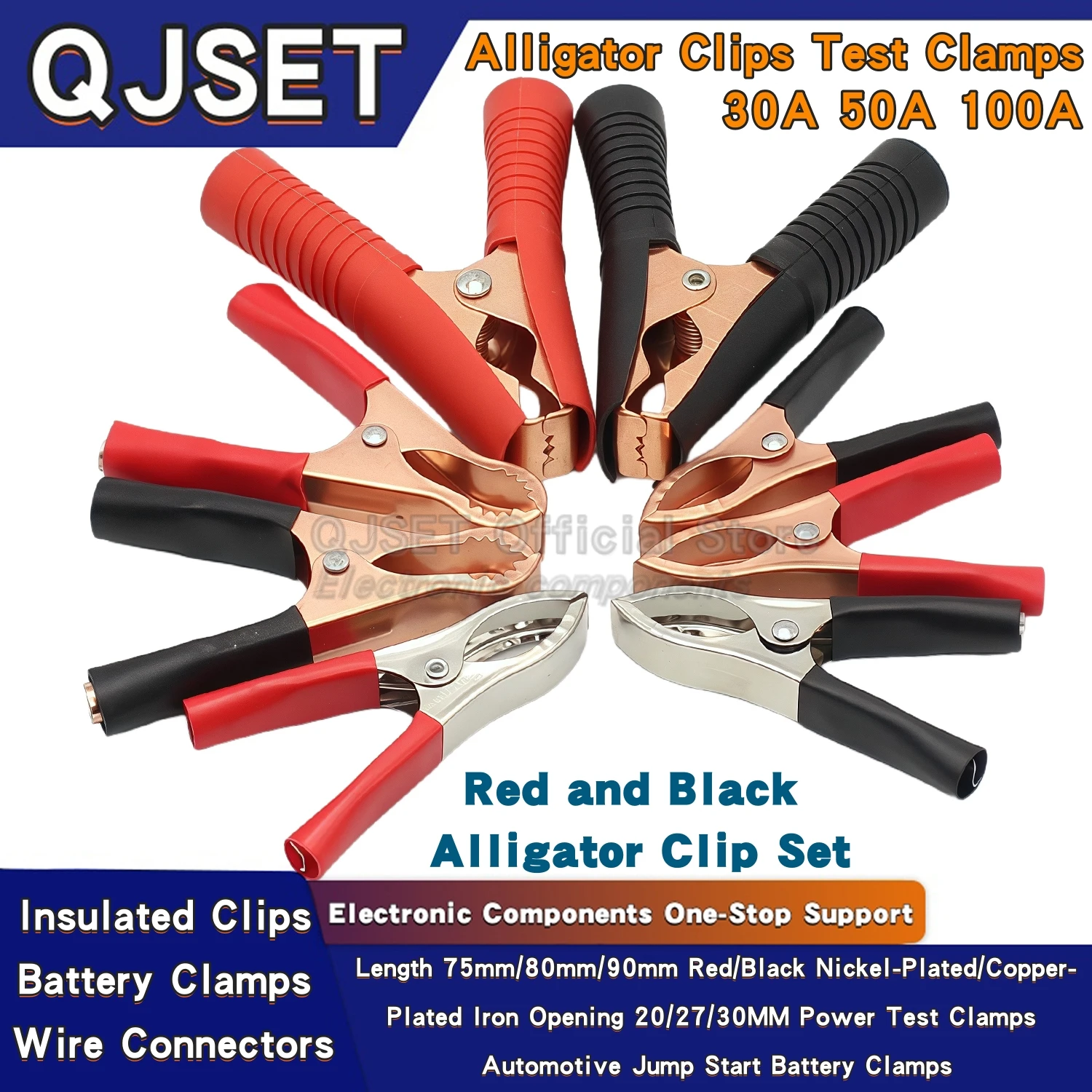 1 Set Red+Black 30A/50A/100A Alligator Clips Car/RV/Van Battery Test Lead Clips Alligator Clip Connector Plugs Jumper Test Clips