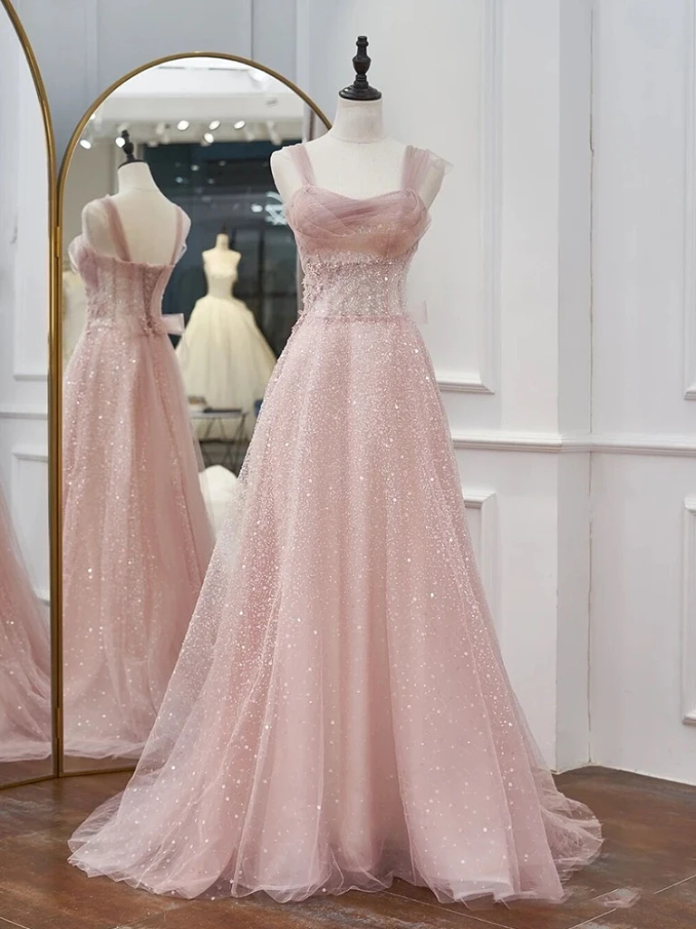 Elegant Pink Bridesmaid Dresses Wide Spaghetti A-line Shiny Handmade Beading Sleeveless Formal Wedding Party Prom Evening Gowns