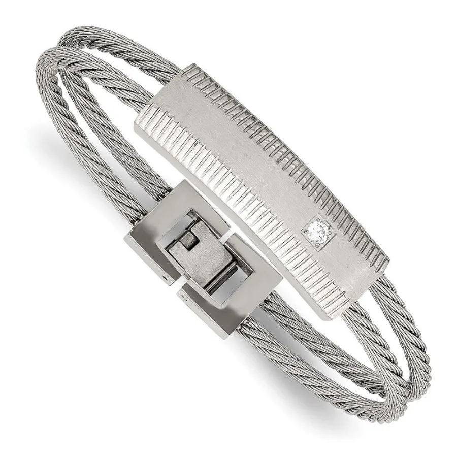

Stainless Steel Polished and Brushed CZ Wire 7in Bracelet