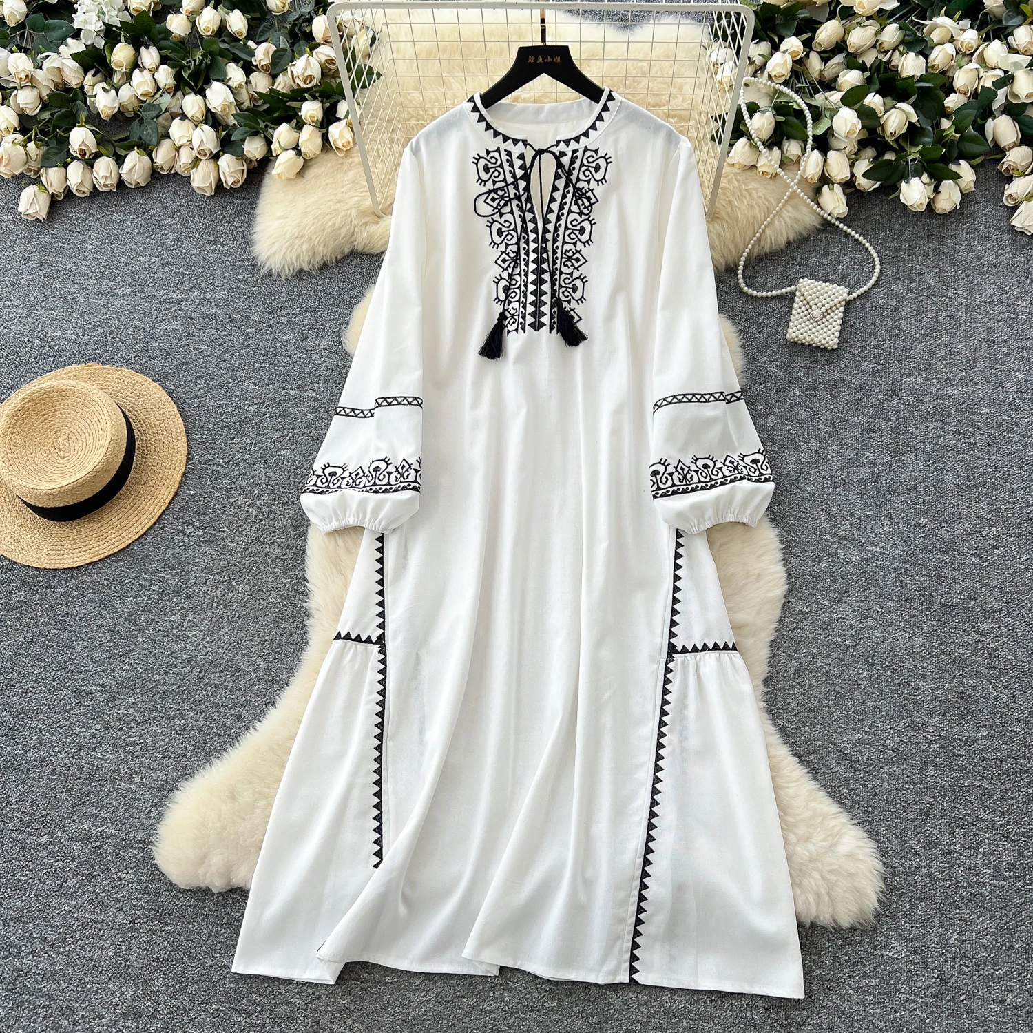 Chic vintage ricamato sciolto sottile elegante fata moda coreana Boho vestito estivo abbigliamento donna Abito lungo