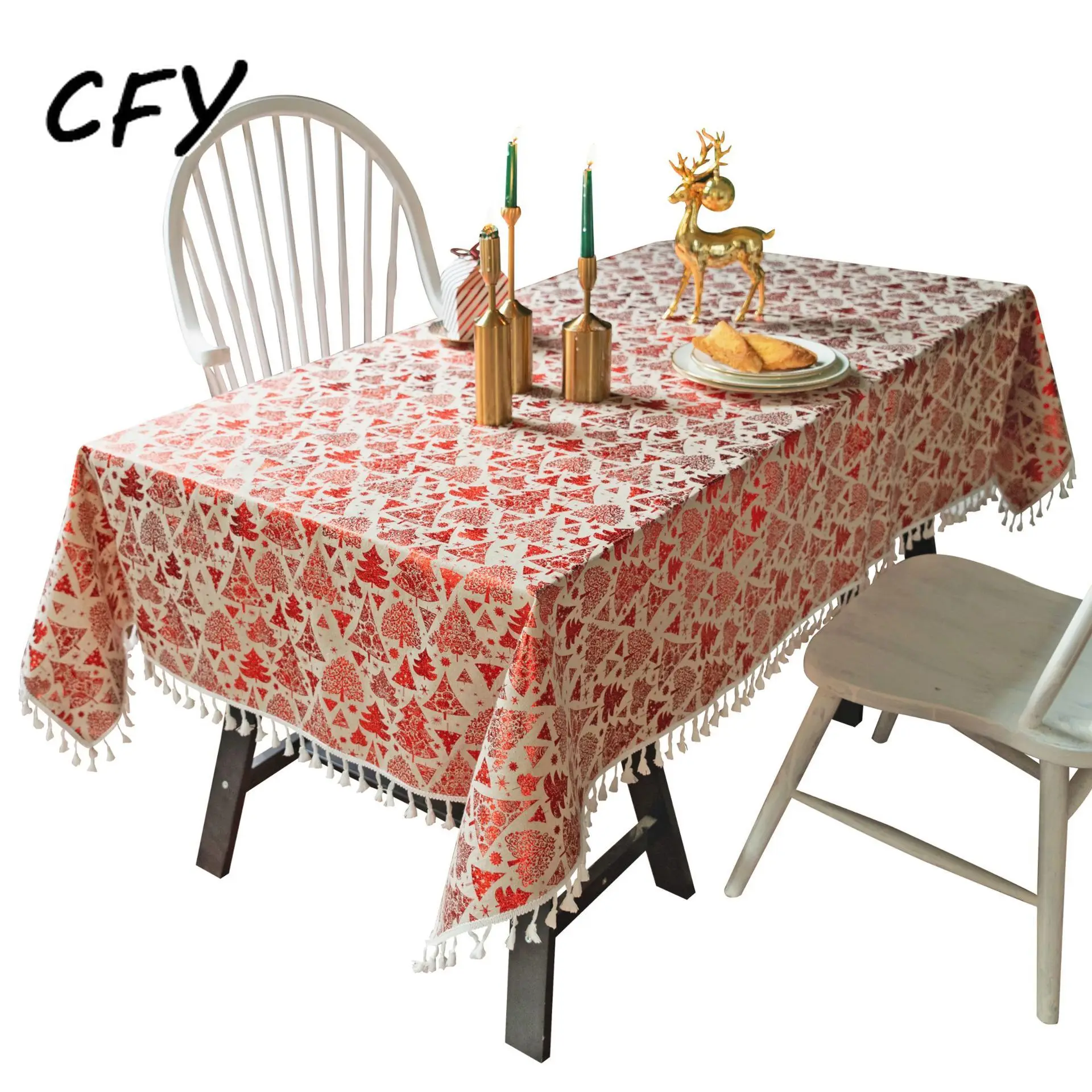 New Year and Christmas Cotton Linen Rectangular Tablecloth Home Coffee Dining Table Fireplace Microwave Cover