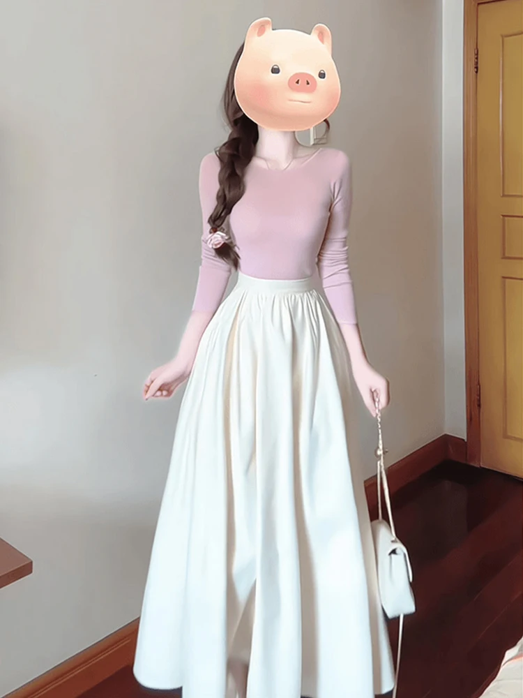 Elegant Light Beige High Waist A-Line Midi Skirt Women's Spring 2026 Versatile Loose Slimming Umbrella Skirt Long Dress