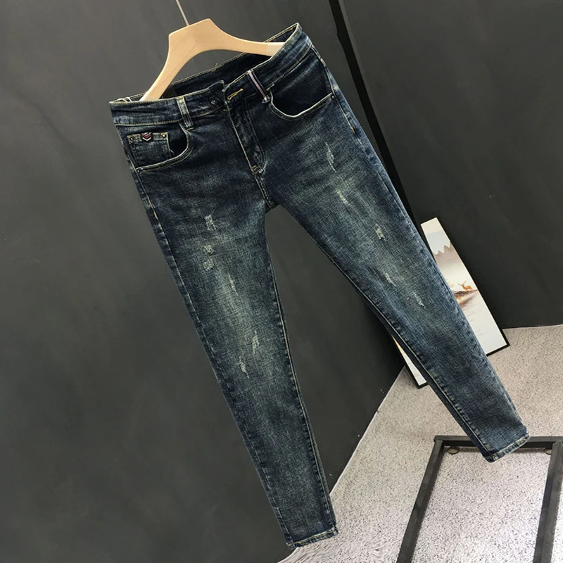 2024 New Man Pants Fashion Soild Classical Small Foot Men\'s Jeans Streetwear Biker Skinny Zips Blue Cacual Long Denim Trousers