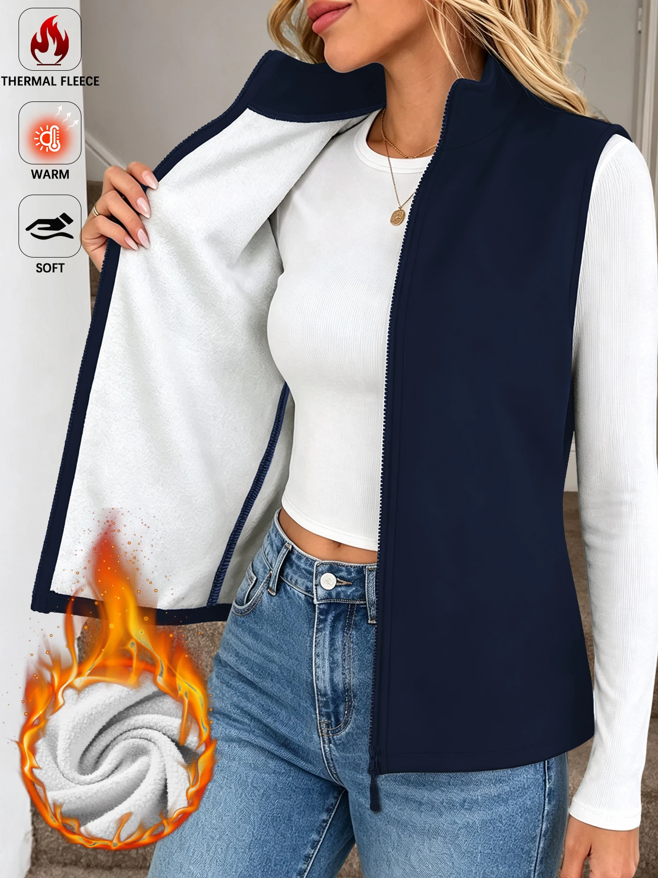 Fleece-Weste für Damen, dick, weich, mit Stehkragen, Reißverschluss, lässige Weste für den täglichen Gebrauch im Winter. – Detail 7