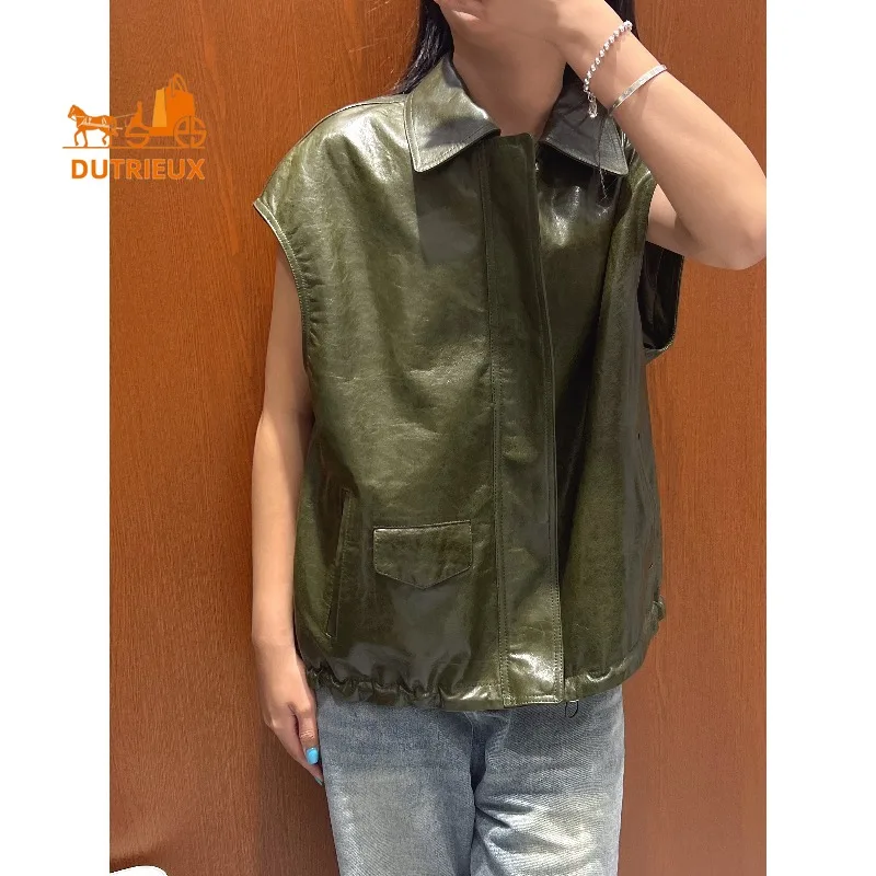 2025 Herbst Damen Leder Weste aus echtem Leder mit zartem Saum und Kordelzug, 100 % echtes Schaffell, exquisiter und eleganter lockerer Mantel